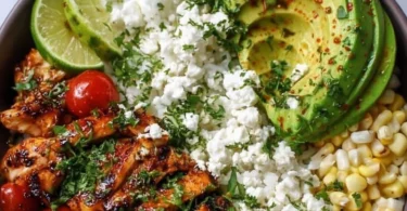 Honey Lime Chicken served in a bowl with avocado rice for a healthy dinner