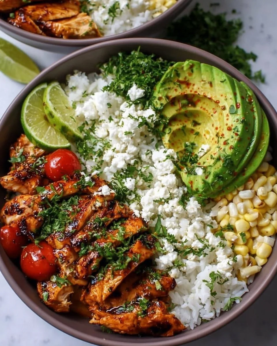Honey Lime Chicken served in a bowl with avocado rice for a healthy dinner