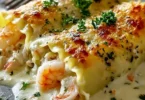 Shrimp Crab Alfredo Lasagna Roll-Ups topped with creamy sauce and herbs