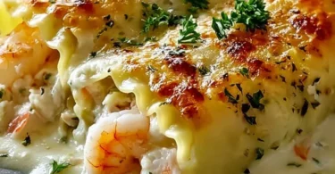 Shrimp Crab Alfredo Lasagna Roll-Ups topped with creamy sauce and herbs