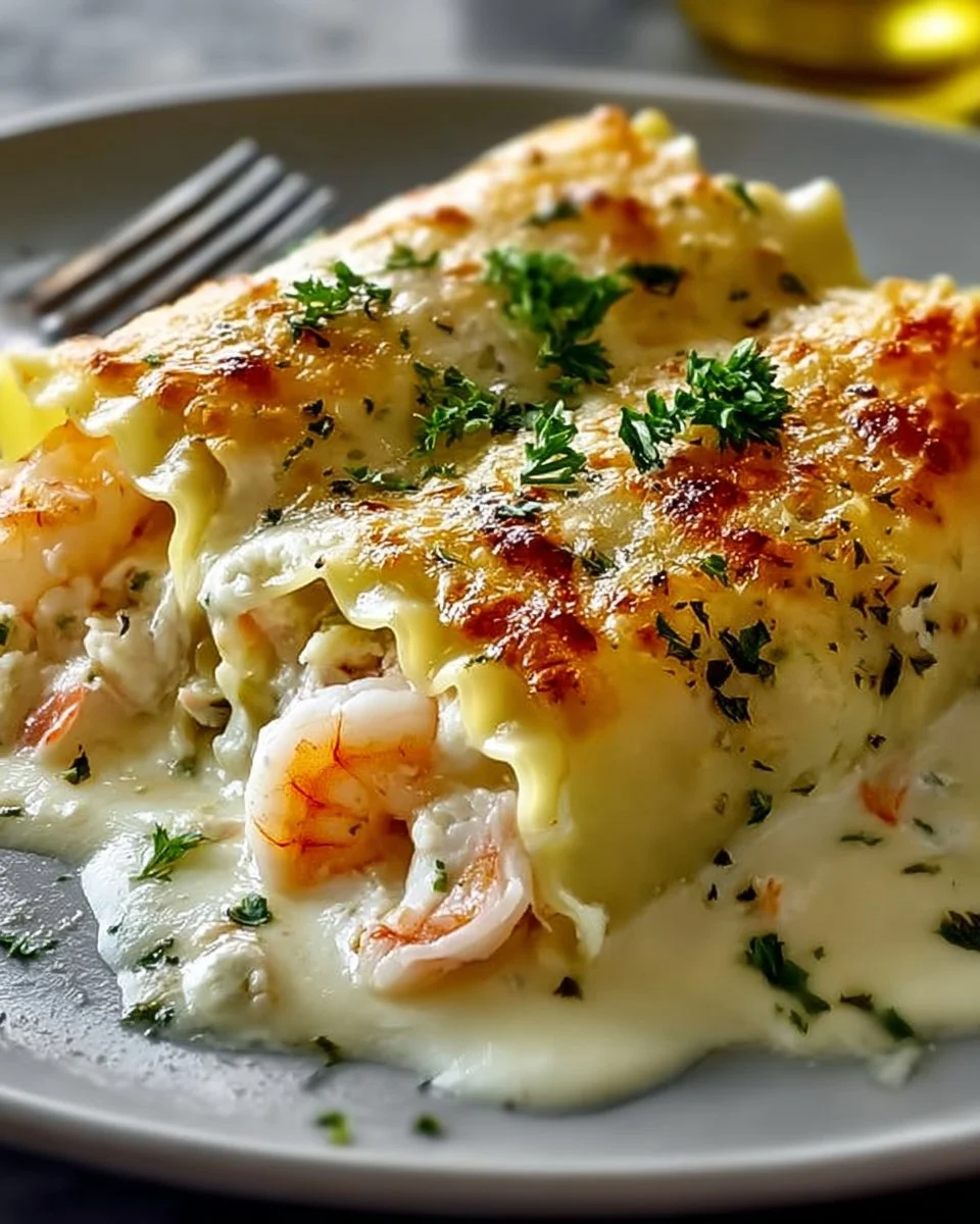 Shrimp Crab Alfredo Lasagna Roll-Ups topped with creamy sauce and herbs