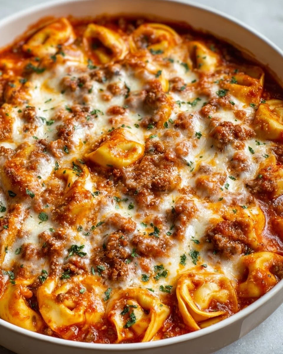 Delicious Beefy Tortellini Bake served in a cozy setting