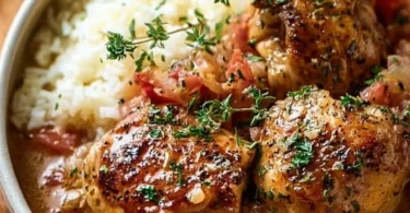 Delicious Italian crockpot chicken thighs served with herbs and spices