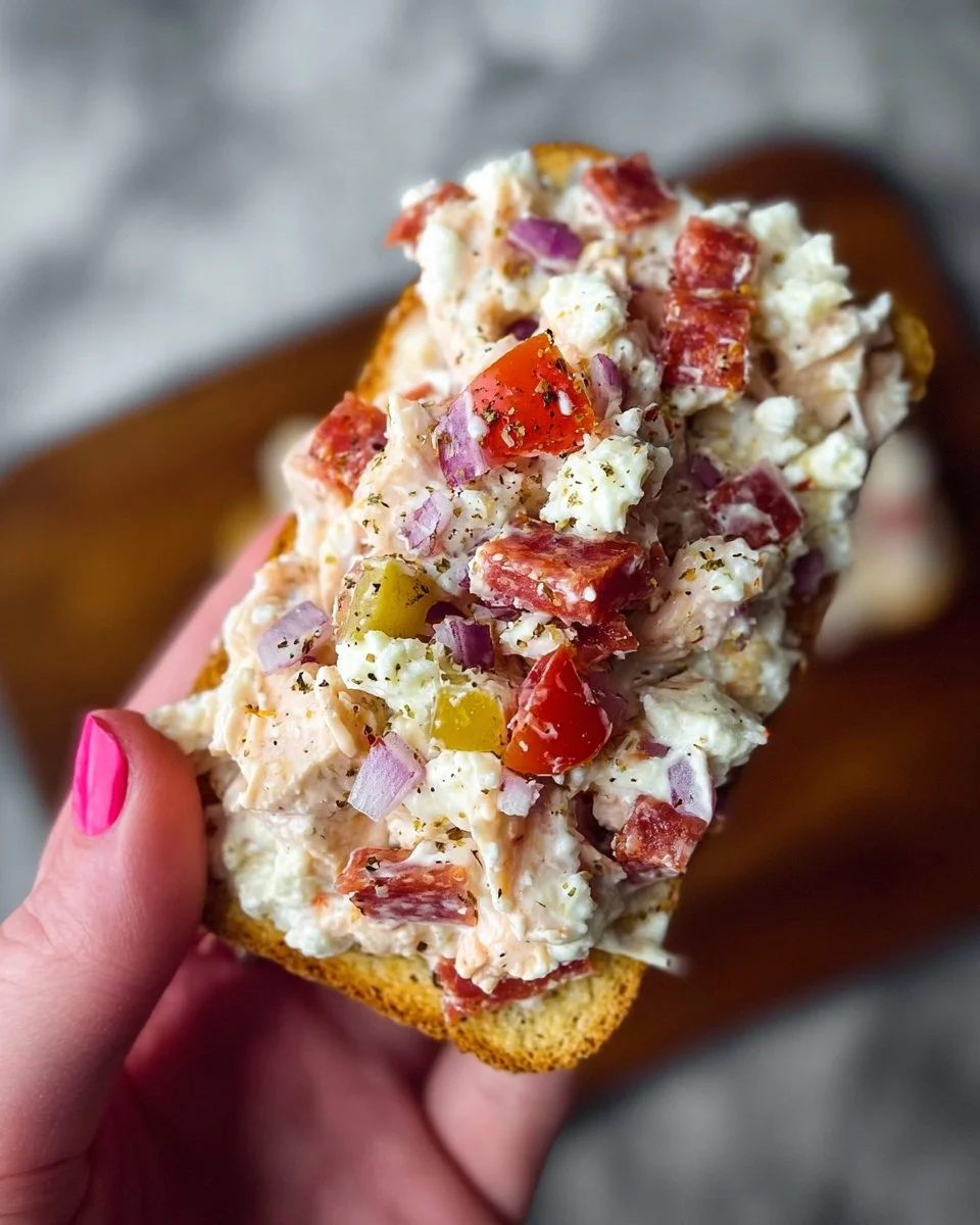 Italian Grinder Chicken Salad featuring fresh ingredients and vibrant flavors.