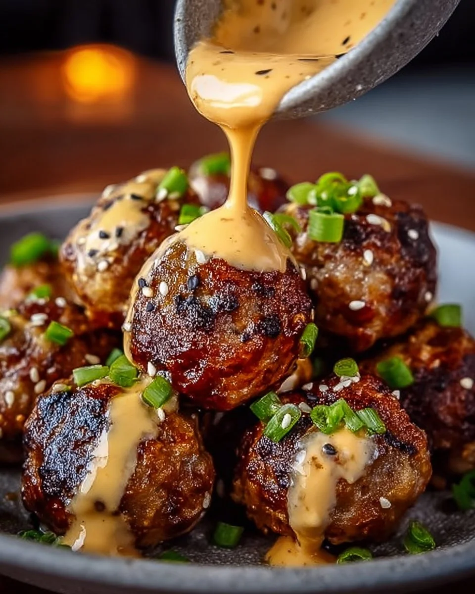 Delicious Korean BBQ Meatballs served with Spicy Mayo Dip