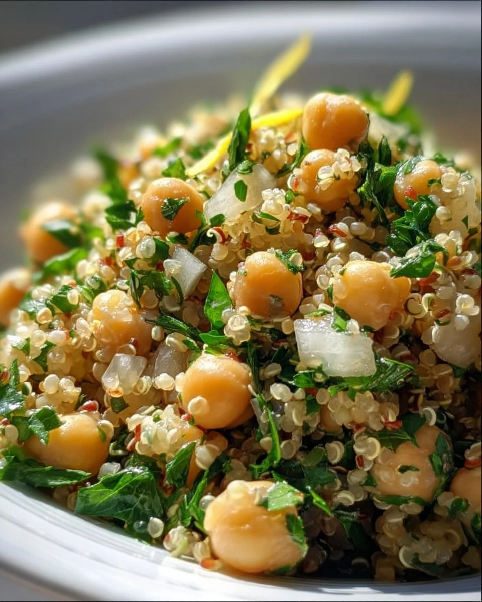 Lemon Herb Quinoa with Chickpeas served in a bowl, garnished with fresh herbs.