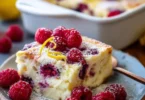 Lemon Raspberry Cottage Cheese Bake served on a plate with fresh raspberries