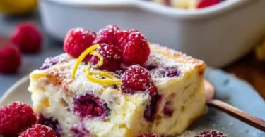 Lemon Raspberry Cottage Cheese Bake served on a plate with fresh raspberries