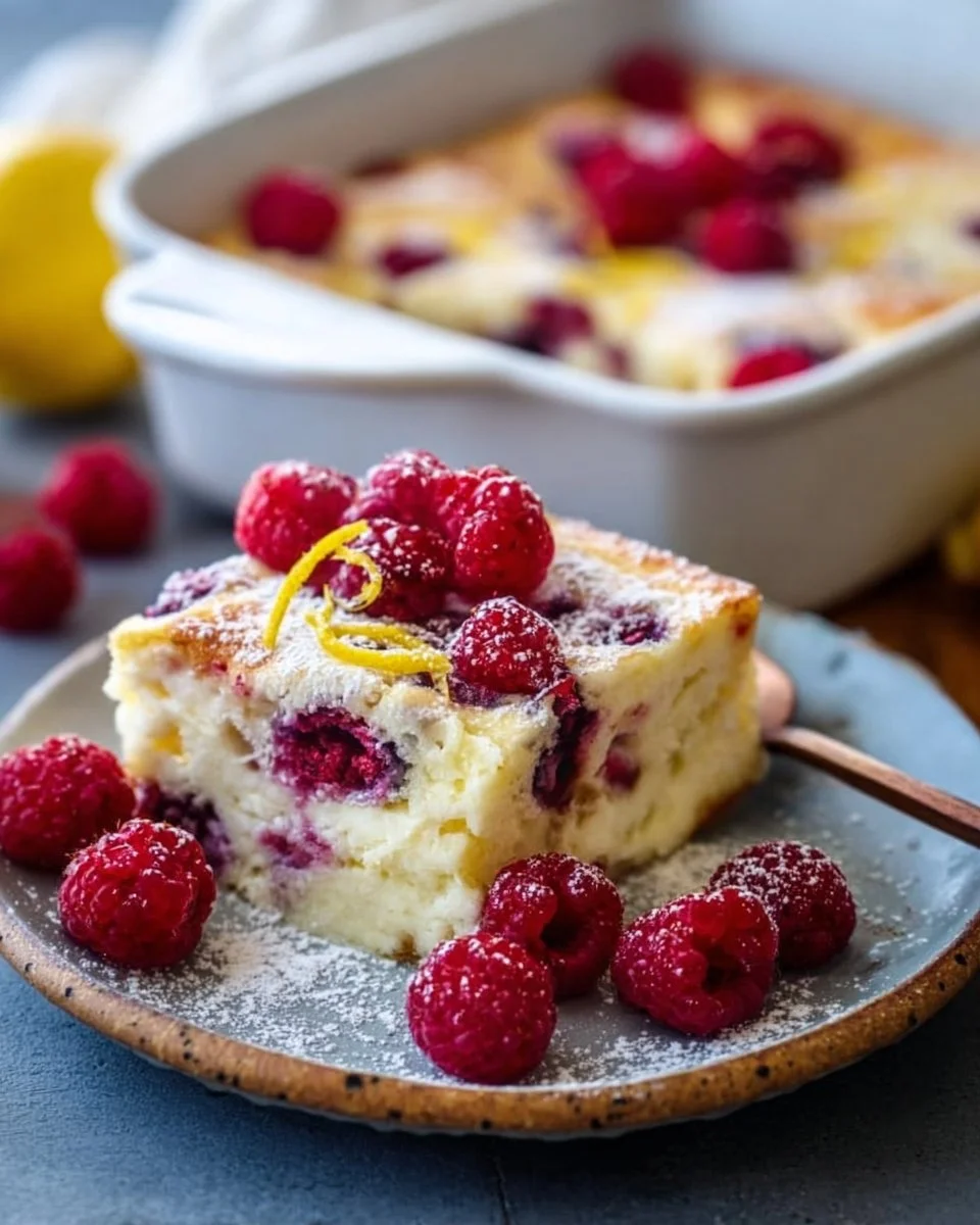 Lemon Raspberry Cottage Cheese Bake served on a plate with fresh raspberries