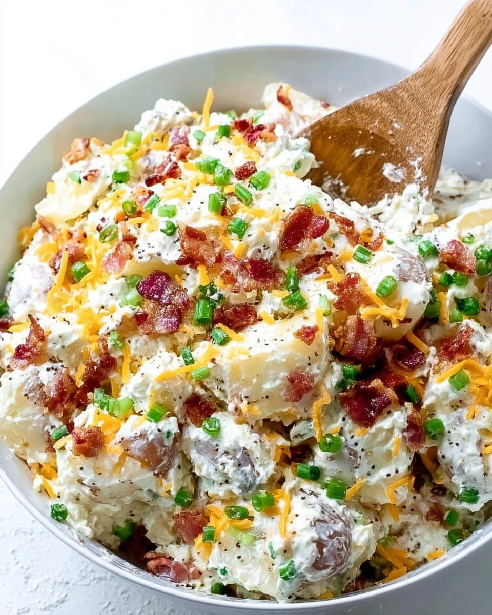A bowl of loaded baked potato salad topped with cheese, bacon, and green onions