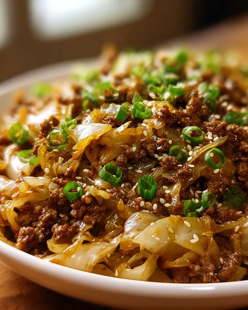 Low-carb Mongolian ground beef served with sautéed cabbage in a bowl
