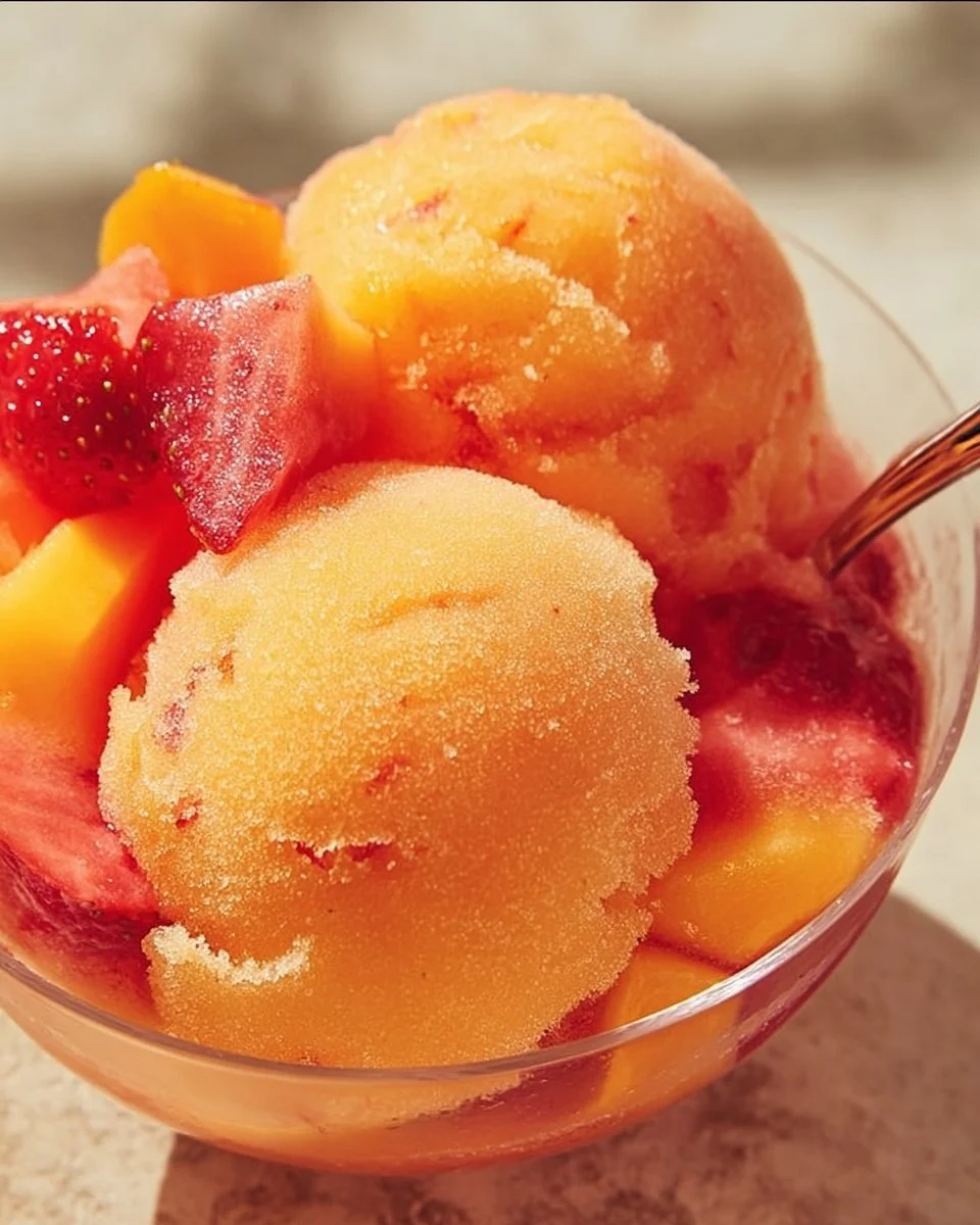 Delicious Mango Strawberry Sorbet in a bowl with fresh fruit garnish