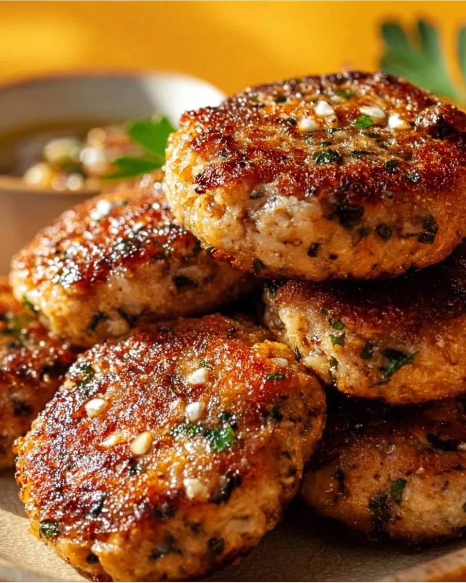Delicious Mediterranean chicken patties served on a plate with fresh herbs