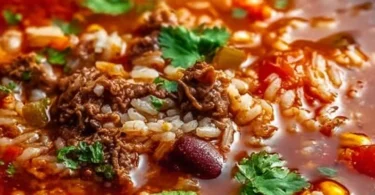 Bowl of Mexican beef and rice soup garnished with fresh herbs