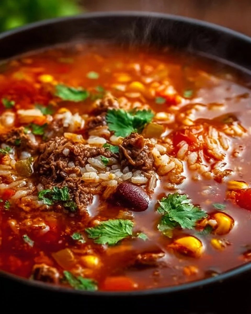 Bowl of Mexican beef and rice soup garnished with fresh herbs