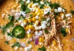 Bowl of creamy Mexican street corn soup topped with cilantro and chili flakes
