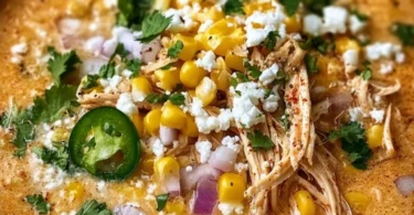 Bowl of creamy Mexican street corn soup topped with cilantro and chili flakes