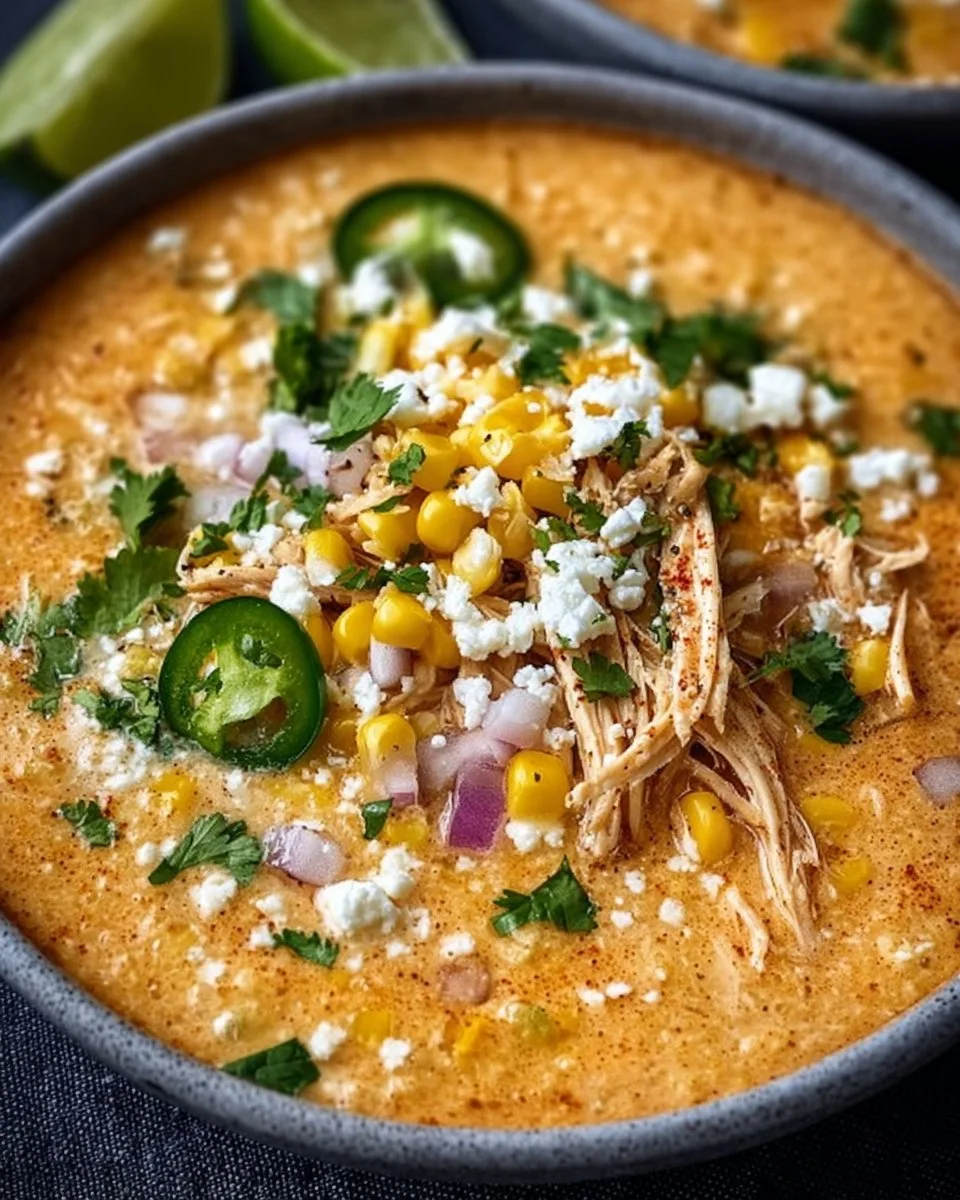 Bowl of creamy Mexican street corn soup topped with cilantro and chili flakes