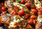 One-pan balsamic chicken dish served with vegetables and sauce