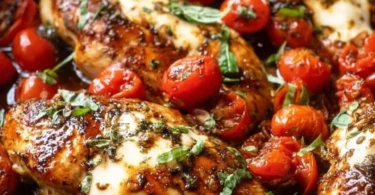 One-pan balsamic chicken dish served with vegetables and sauce