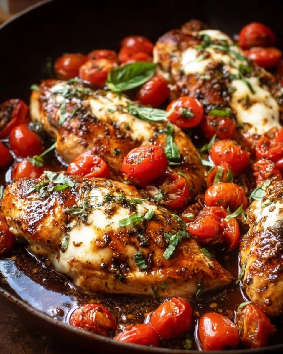 One-pan balsamic chicken dish served with vegetables and sauce