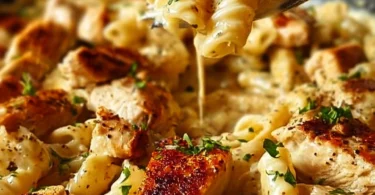 One Pot Chicken Penne Pasta dish garnished with fresh herbs.