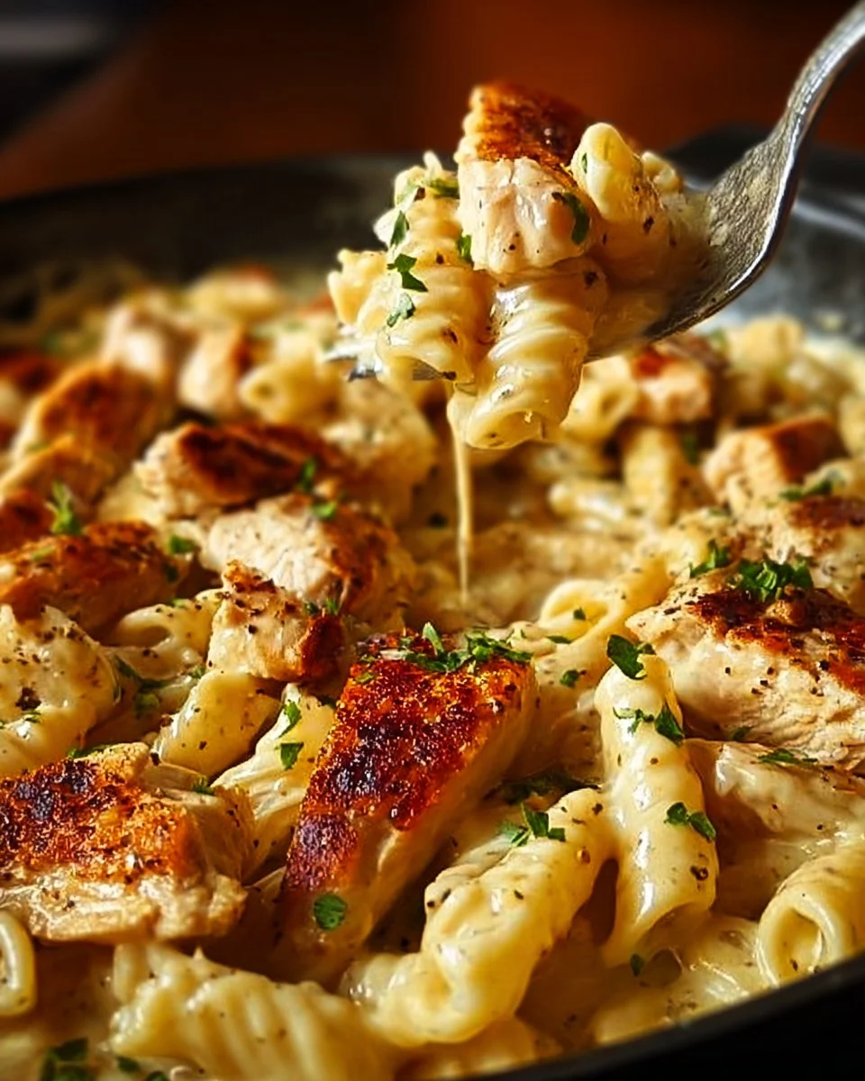 One Pot Chicken Penne Pasta dish garnished with fresh herbs.