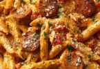 One-Pot Creamy Spicy Cajun Sausage Pasta with spices and creamy sauce