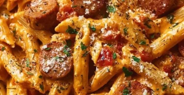 One-Pot Creamy Spicy Cajun Sausage Pasta with spices and creamy sauce
