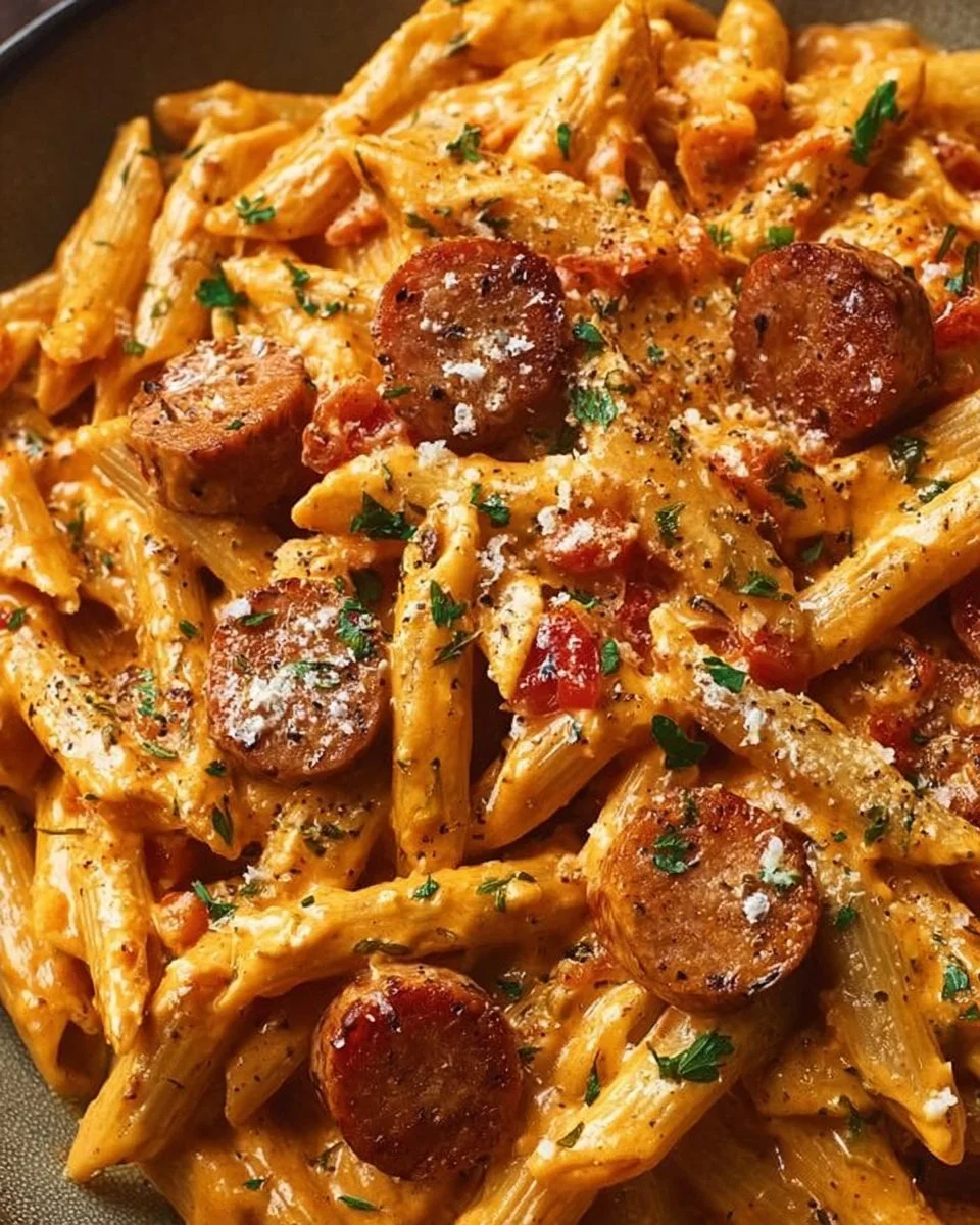 One-Pot Creamy Spicy Cajun Sausage Pasta with spices and creamy sauce