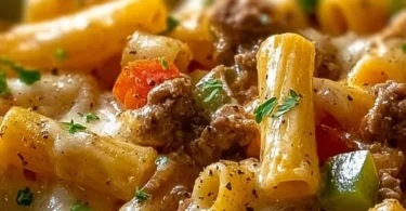 Delicious Philly Cheesesteak Pasta served with cheese and peppers