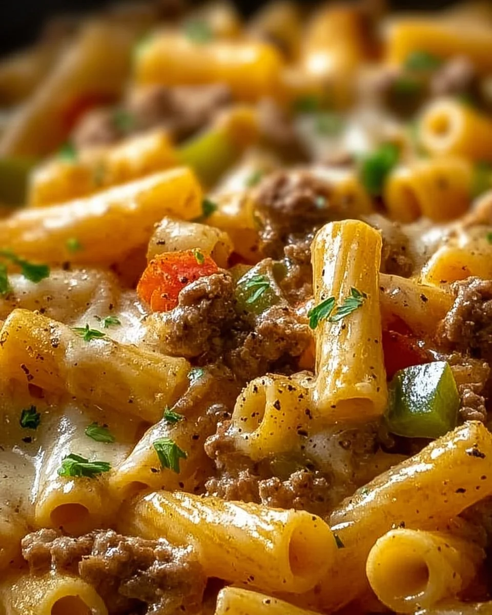 Delicious Philly Cheesesteak Pasta served with cheese and peppers