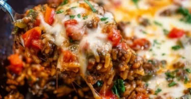 Delicious Pioneer Woman stuffed pepper casserole garnished with herbs.