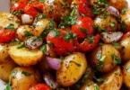 Bowl of potato salad drizzled with balsamic vinaigrette and garnished with herbs