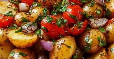 Bowl of potato salad drizzled with balsamic vinaigrette and garnished with herbs