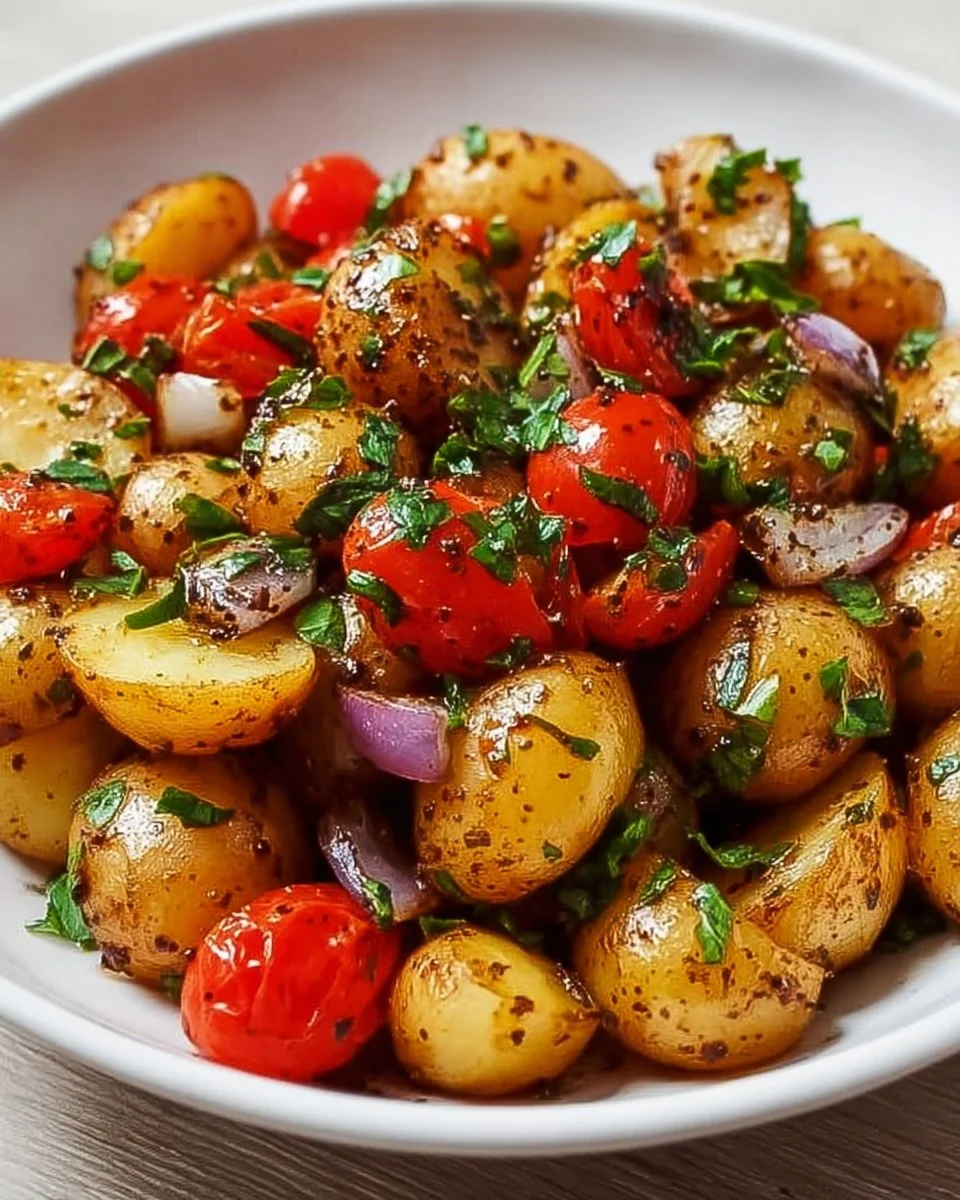 Bowl of potato salad drizzled with balsamic vinaigrette and garnished with herbs
