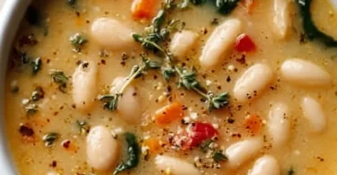 A bowl of nutritious high protein white bean soup topped with herbs.