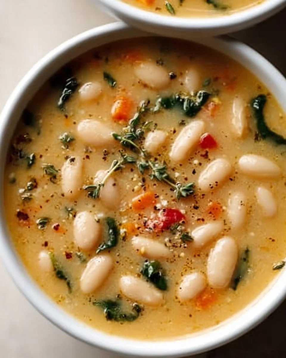 A bowl of nutritious high protein white bean soup topped with herbs.