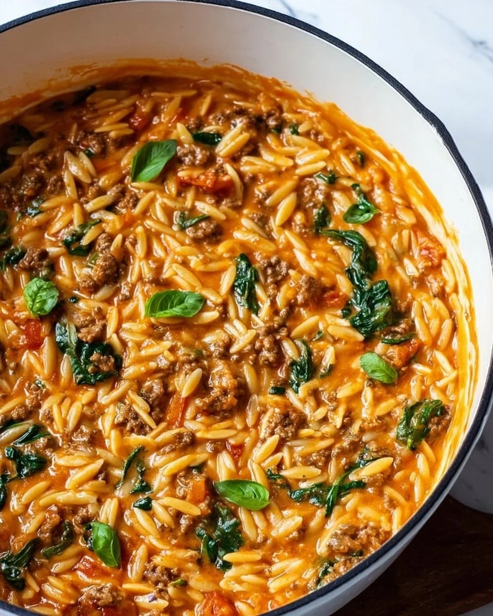 Quick ground beef orzo in tomato cream sauce served in a bowl