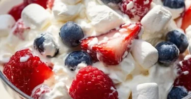 Red White and Blue Cheesecake Salad with fresh berries and creamy dressing