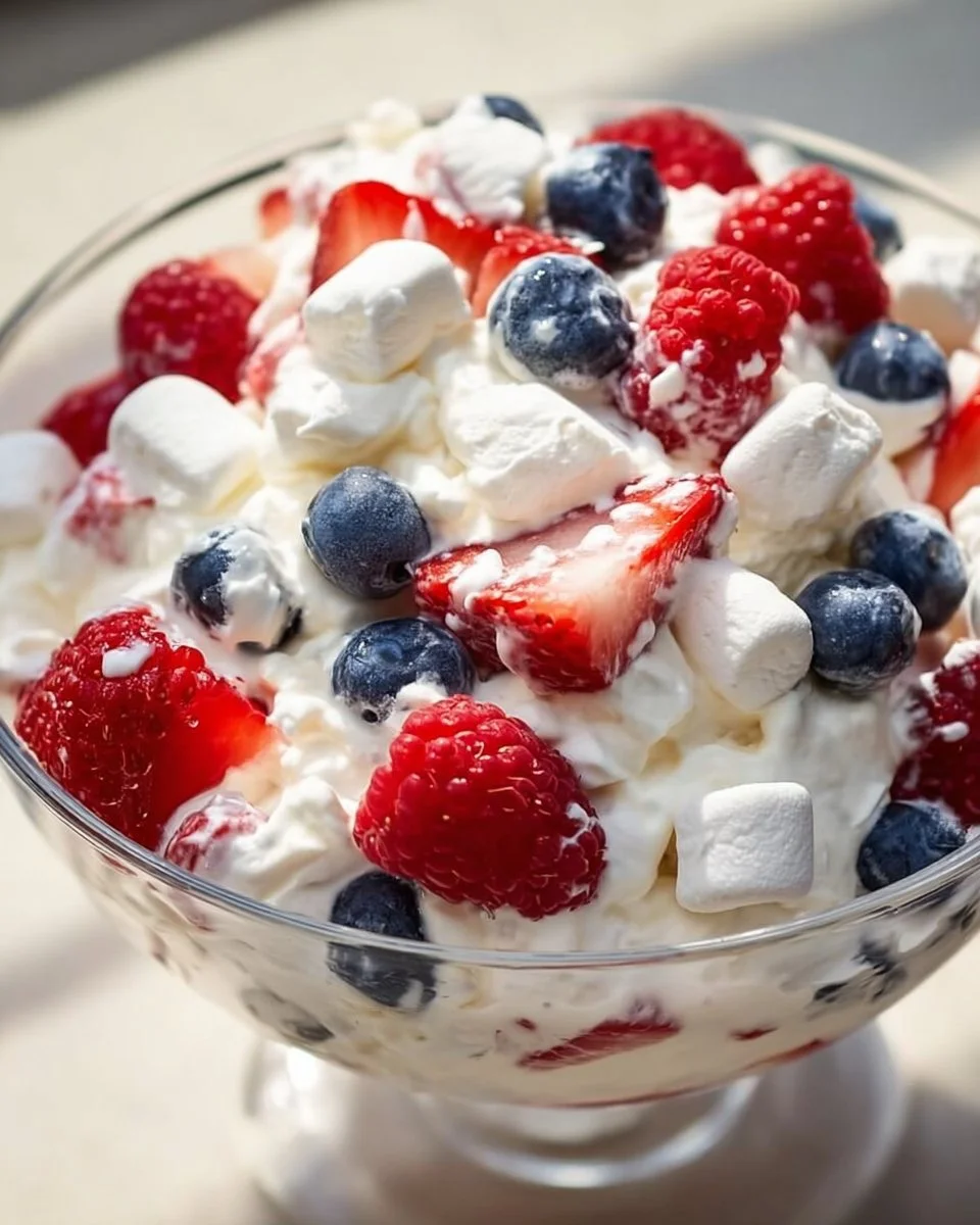 Red White and Blue Cheesecake Salad with fresh berries and creamy dressing