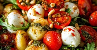 Roasted gnocchi salad with basil pesto, fresh tomatoes, mozzarella, and arugula