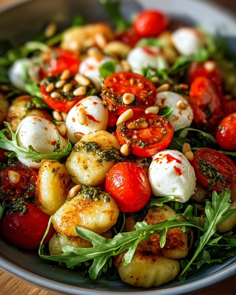 Roasted gnocchi salad with basil pesto, fresh tomatoes, mozzarella, and arugula