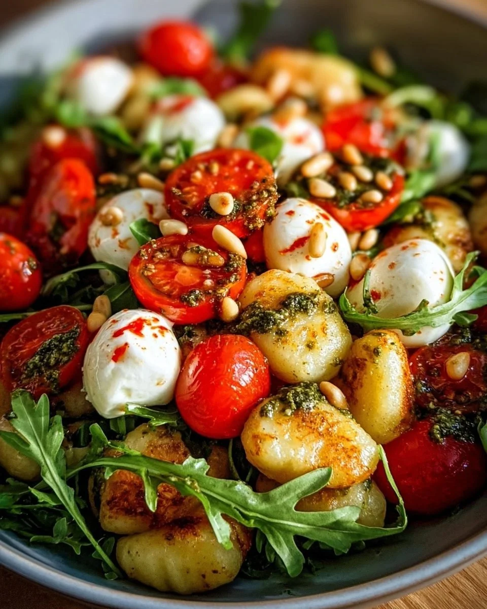 Roasted Gnocchi Salad with Basil Pesto, Tomatoes, Mozzarella, and Arugula