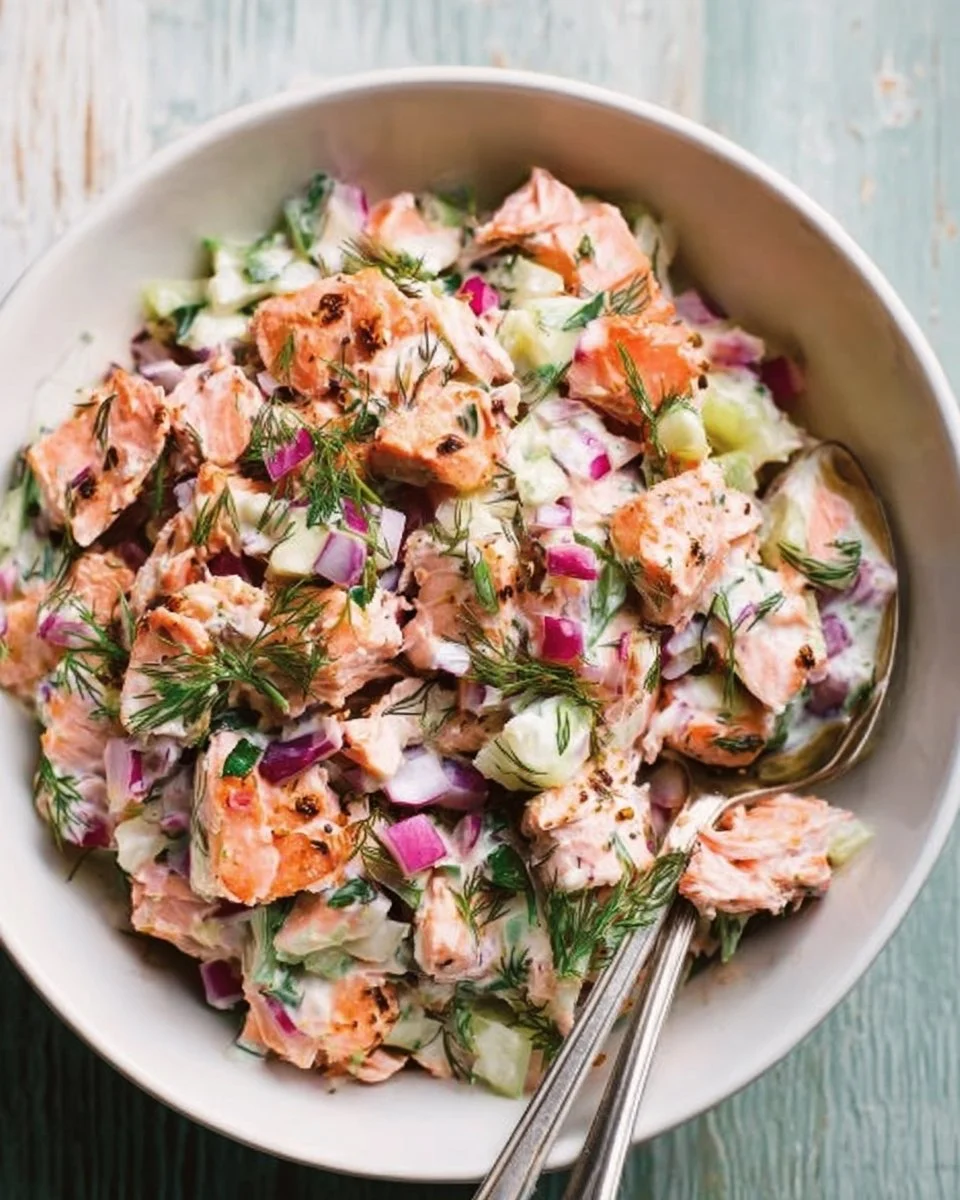 Delicious and healthy salmon salad served in a bowl with fresh vegetables.