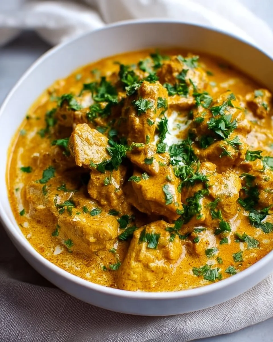 Slow Cooker Chicken Korma with spices and herbs served in a bowl