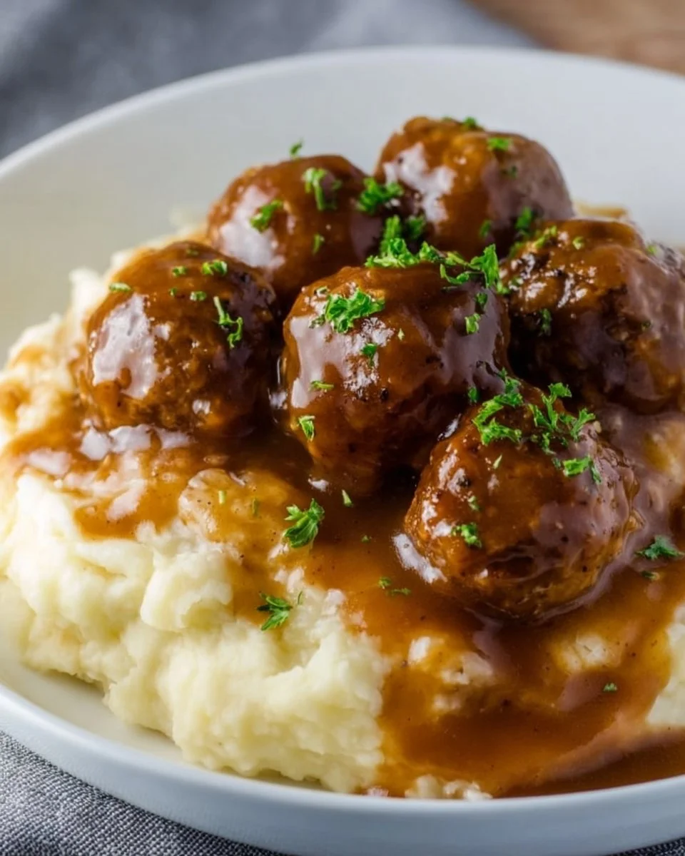 Slow Cooker Salisbury Steak Meatballs served with gravy and mashed potatoes