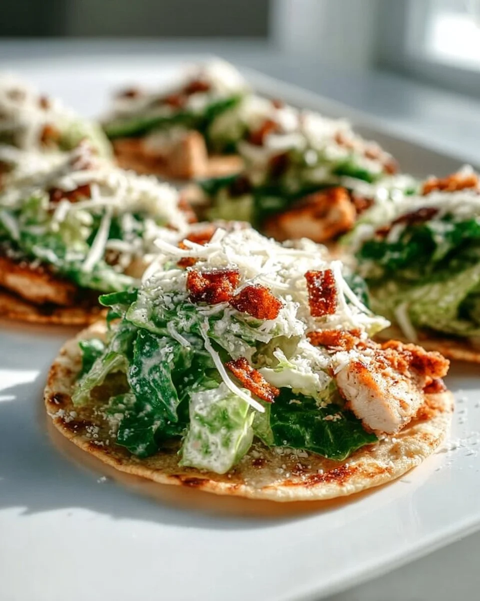 Smash Chicken Caesar Tacos served with fresh ingredients and Caesar dressing