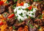 Delicious Steak Queso Rice topped with cheese and spices