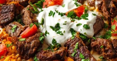 Delicious Steak Queso Rice topped with cheese and spices
